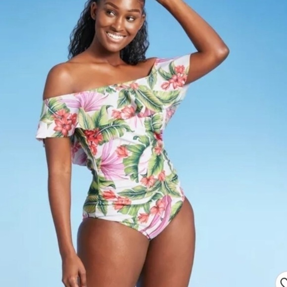 Kona Sol swimsuit‎ Off Shoulder Flounce High Coverage One Piece Tropical - Picture 7 of 9